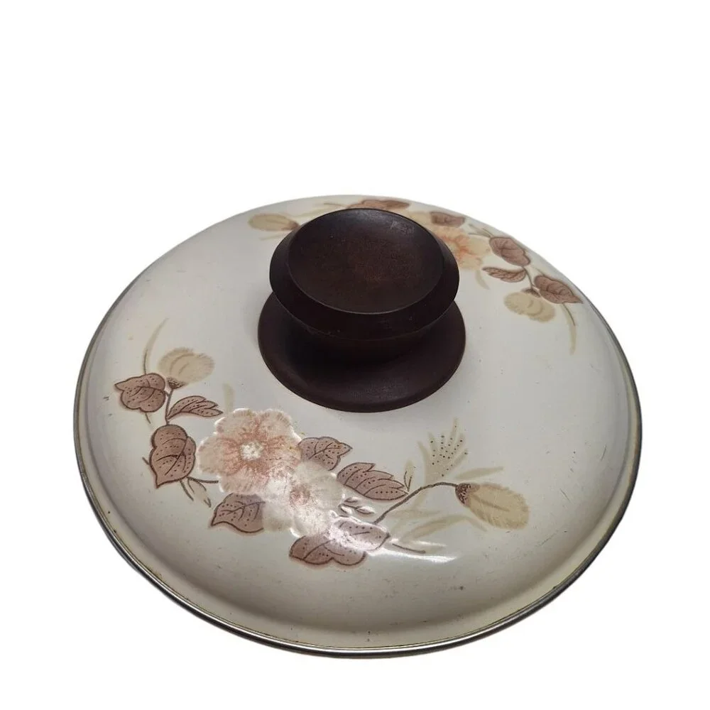 Vintage Metal Lid Pot Pan Brown Flowers Cream 6.5 Inch  Handle‎ Leaves Cookware